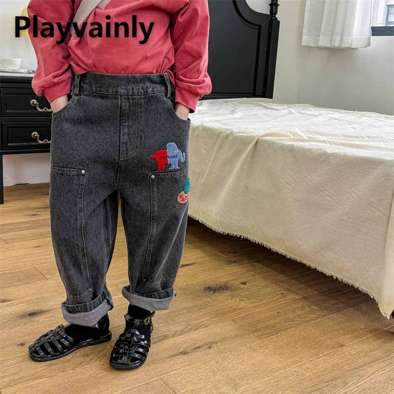 

Korean Style Child Fashion Jeans Girl Cartoon Embroidery Light Blue Black Denim Harem Pant Kids Everyday Versatile Clothes A5085