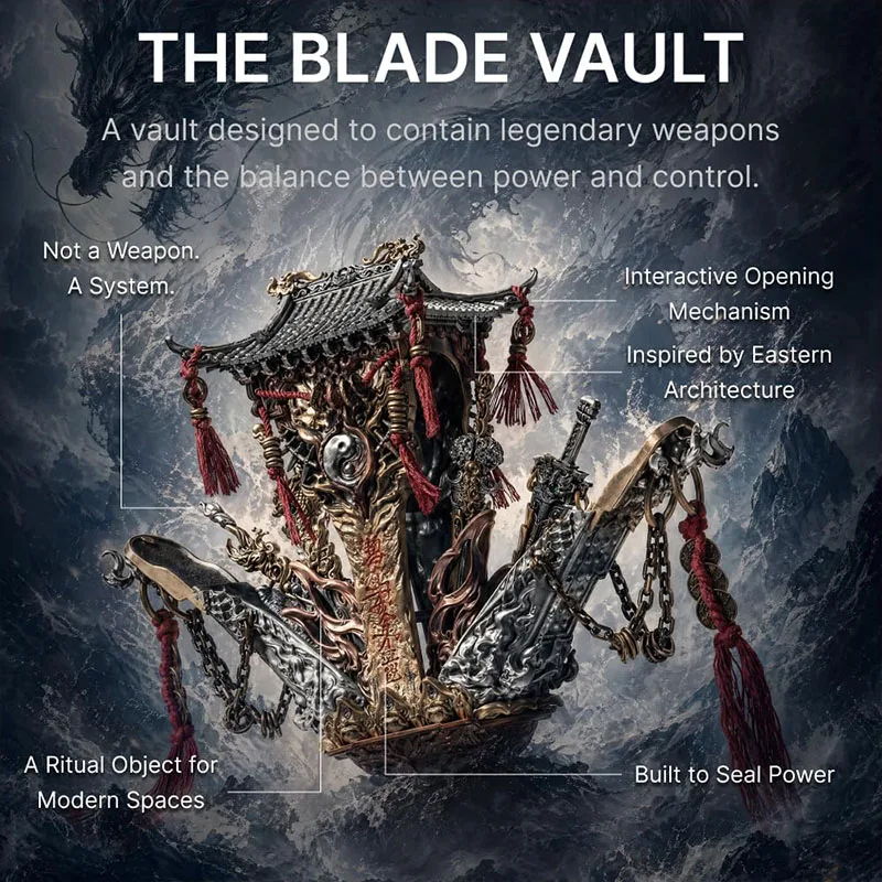 Hot Sale The Blade Vault For Four Can Be Opened Divine Beast Sword Display Case Tianji Gate Hand Finished Metal Desktop Ornament view 4