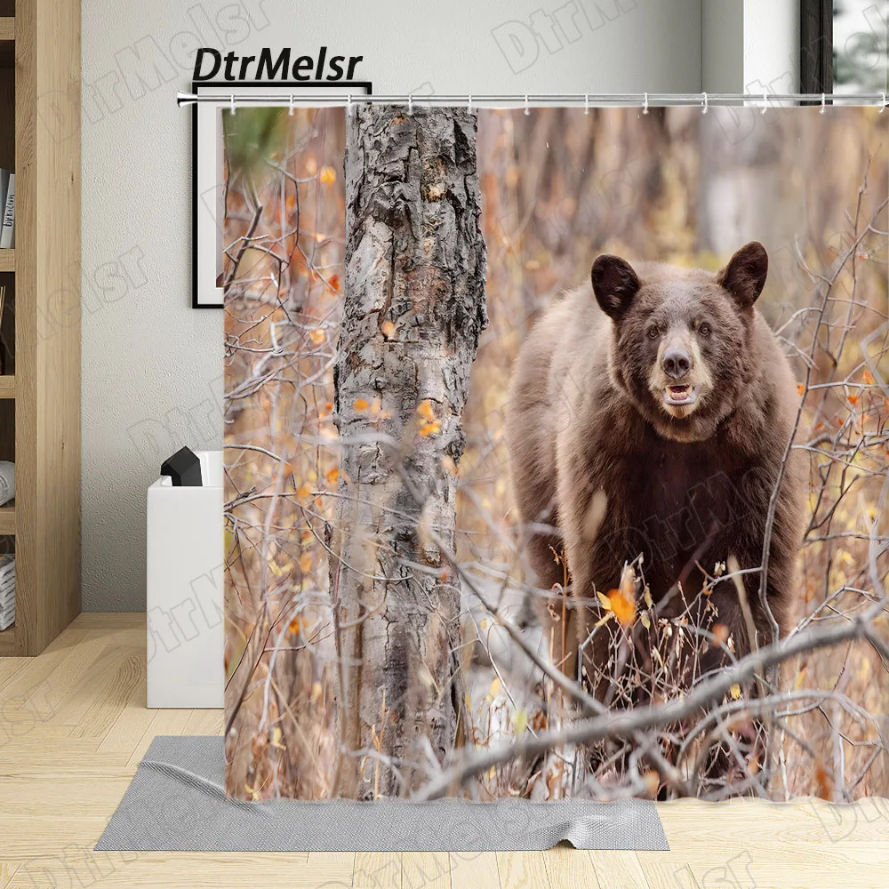 Wild Brown Bear Shower Curtains Funny Animals Autumn Rural Forest Landscape Bath Curtain Modern Fabric Home Bathroom Decor Set