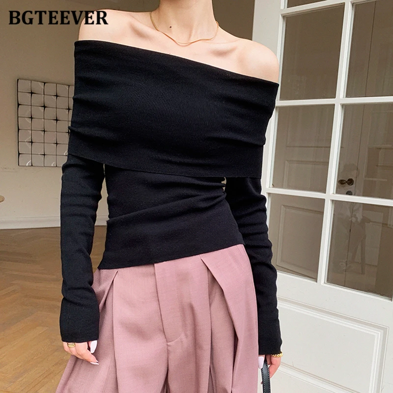 BGTEEVER Elegant Slash Neck Ladies Pullovers Sweaters Autumn Winter Slim Full Sleeve Women Knitted Jumpers Female Knitwear