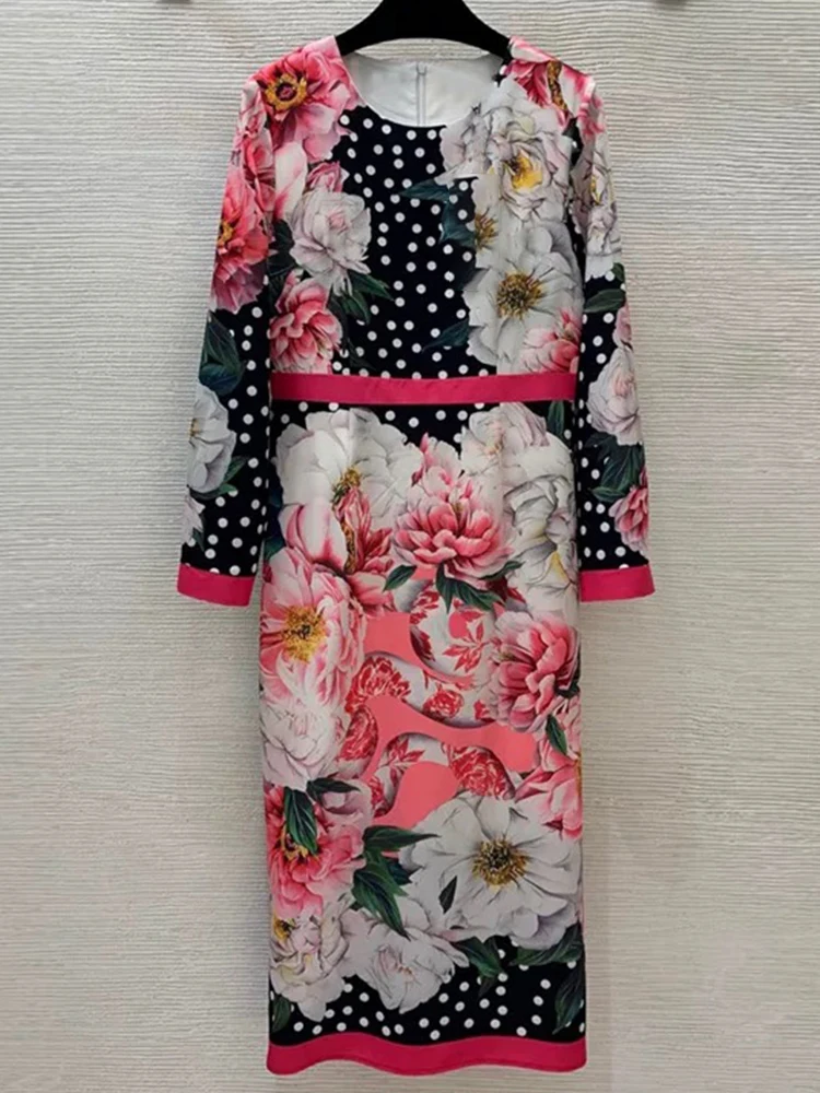 

Spring women's new ladies polka-dot printing slim straight hip skirt fashion round neck long sleeve elegant temperament long dre