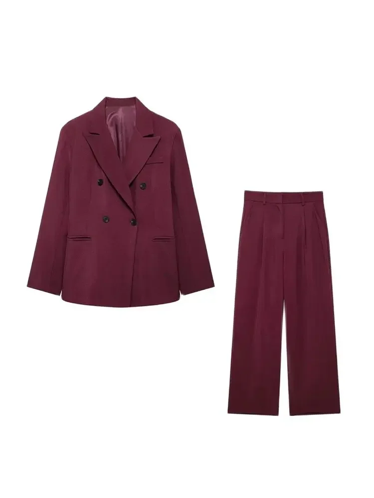 

GELITAYIN TRZA-Women's Double Breasted Blazer Coat And High Waist Straight Pants, Female Two Piece Sets, Fashion