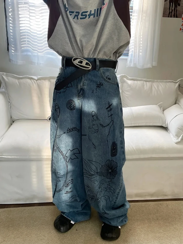 HOUZHOU pantalones vaqueros holgados de Hip Hop para hombre, Jeans azules de gran tamaño, pantalones de pierna ancha estampados, ropa de calle