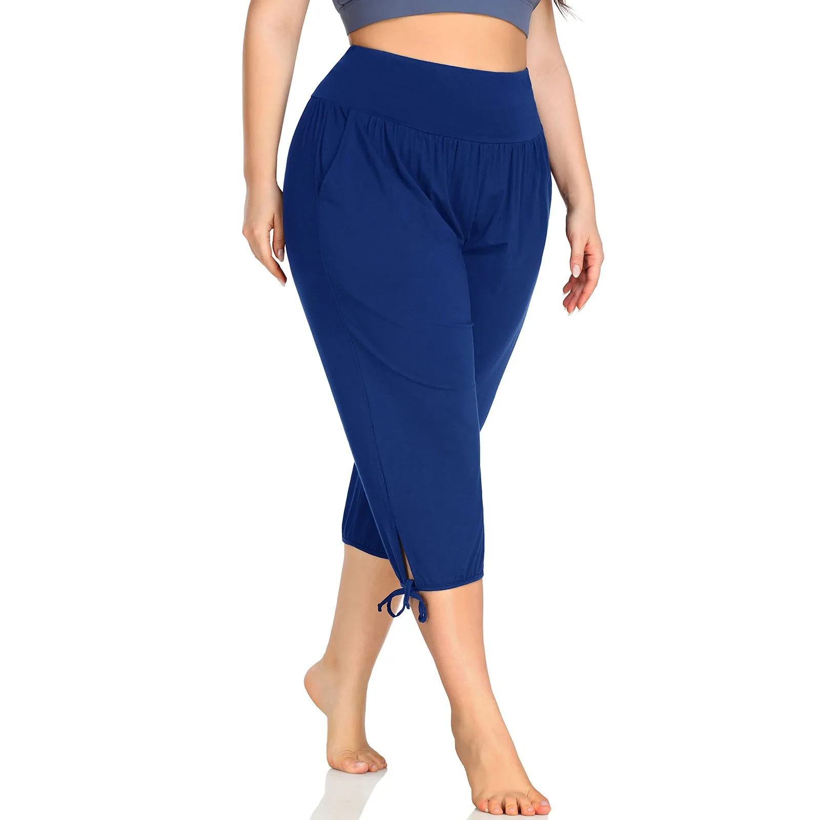 

New Summer Women's Plus Size Yoga Capri Pants Indoor Casual Solid Comfortable Relaxed Joggers Wide Trousers With Pockets