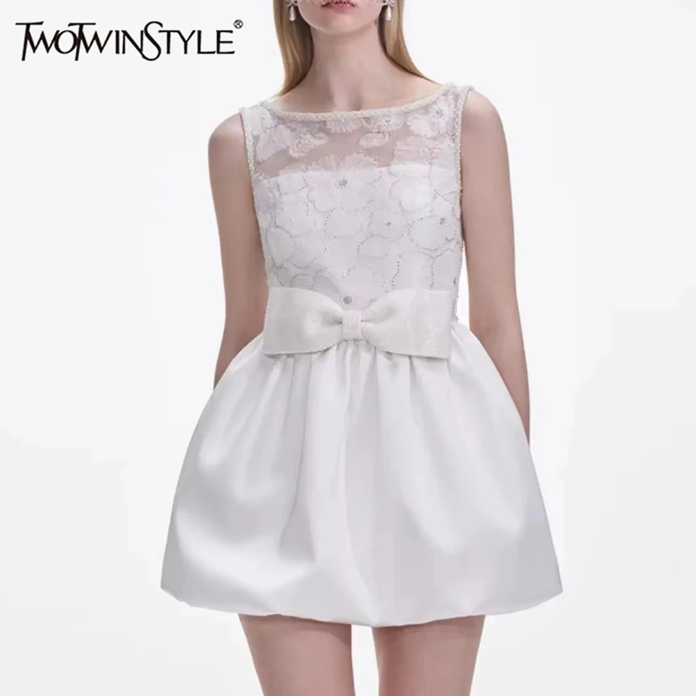 

TWOTWINSTYLE Slimming Spliced Bowknot Elegant Dresses for Women Round Neck Sleeveless Sheer Patchwork Folds Dress Female Fashion