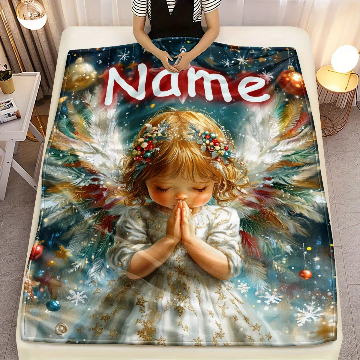 Custom Name Angel Blanket  Soft Warm Flannel Throw with Serene Angelic Design Durable for Sofa, Bed, Travel
