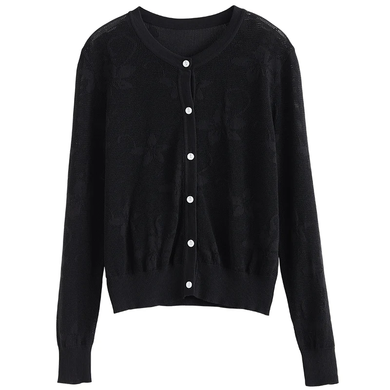 DUSHU Slightly Fat Lady Round Neck Full Regular Sleeve Black Cardigans Simple Single-breasted Knitted Cardigan Office Lady Solid