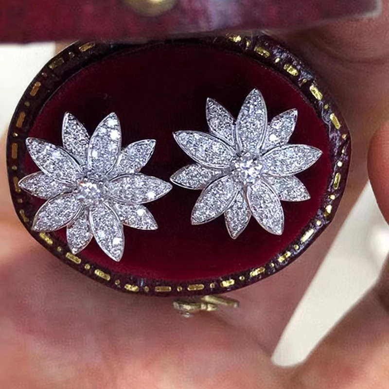 Huitan Aesthetic Flower Stud Earrings Full Paved Cubic Zircon Sparkling Ear Piercing Accessories for Women Wedding Party Jewelry