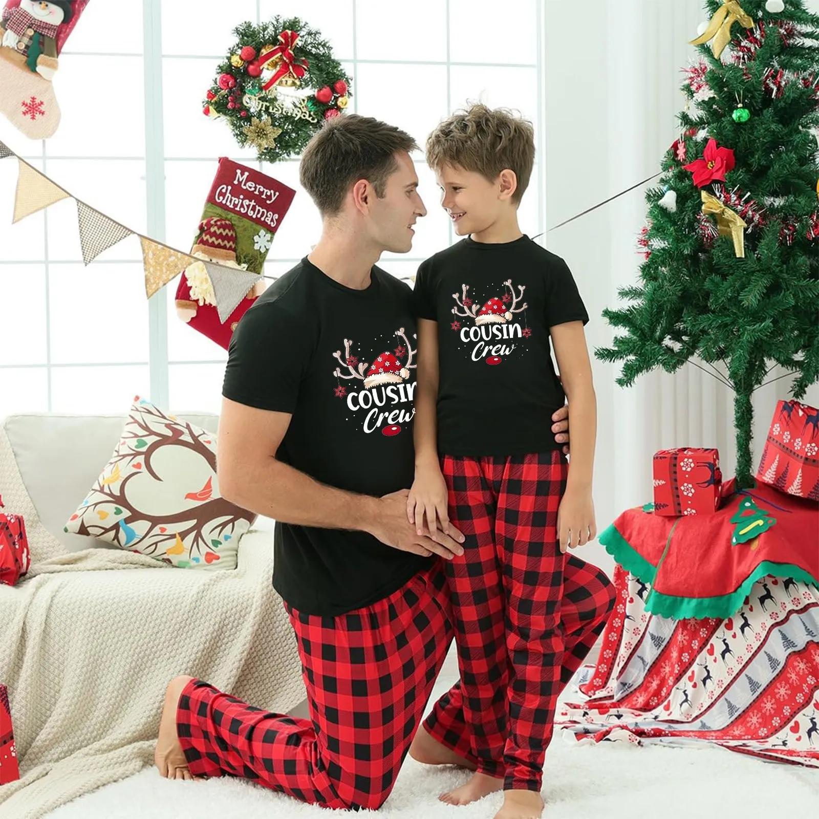 Christmas Family Matching Pajamas Set Printed T-Shirt And Long Plaid Pants 2 Piece Sets Comfy Pajamas Fashion Loungewear