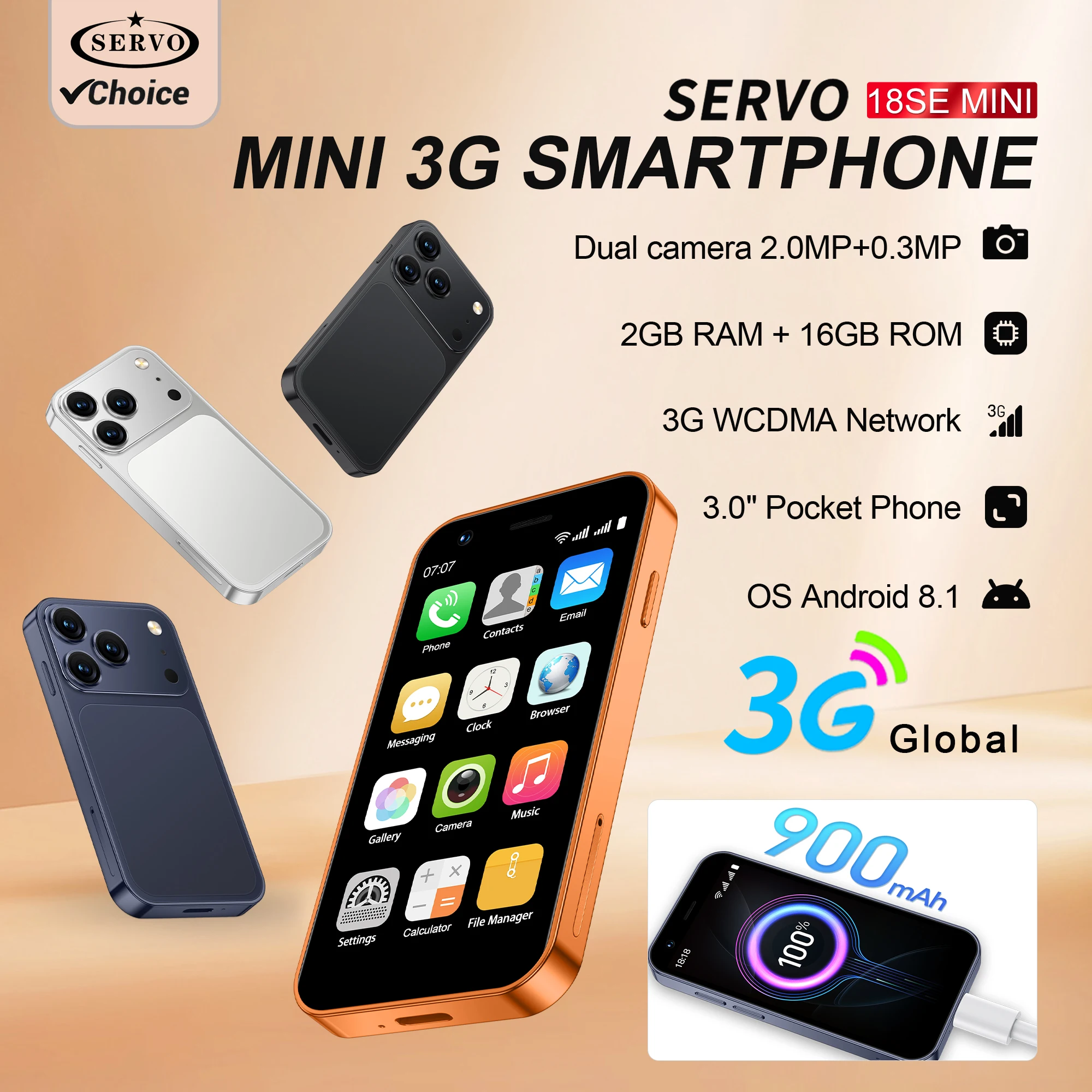 SERVO 18SE mini Android Pocket Smartphone 3G WCDMA Celular Face Desbloquear Celular 3.0 "Display 16GB WiFi 2MP Câmera Celular