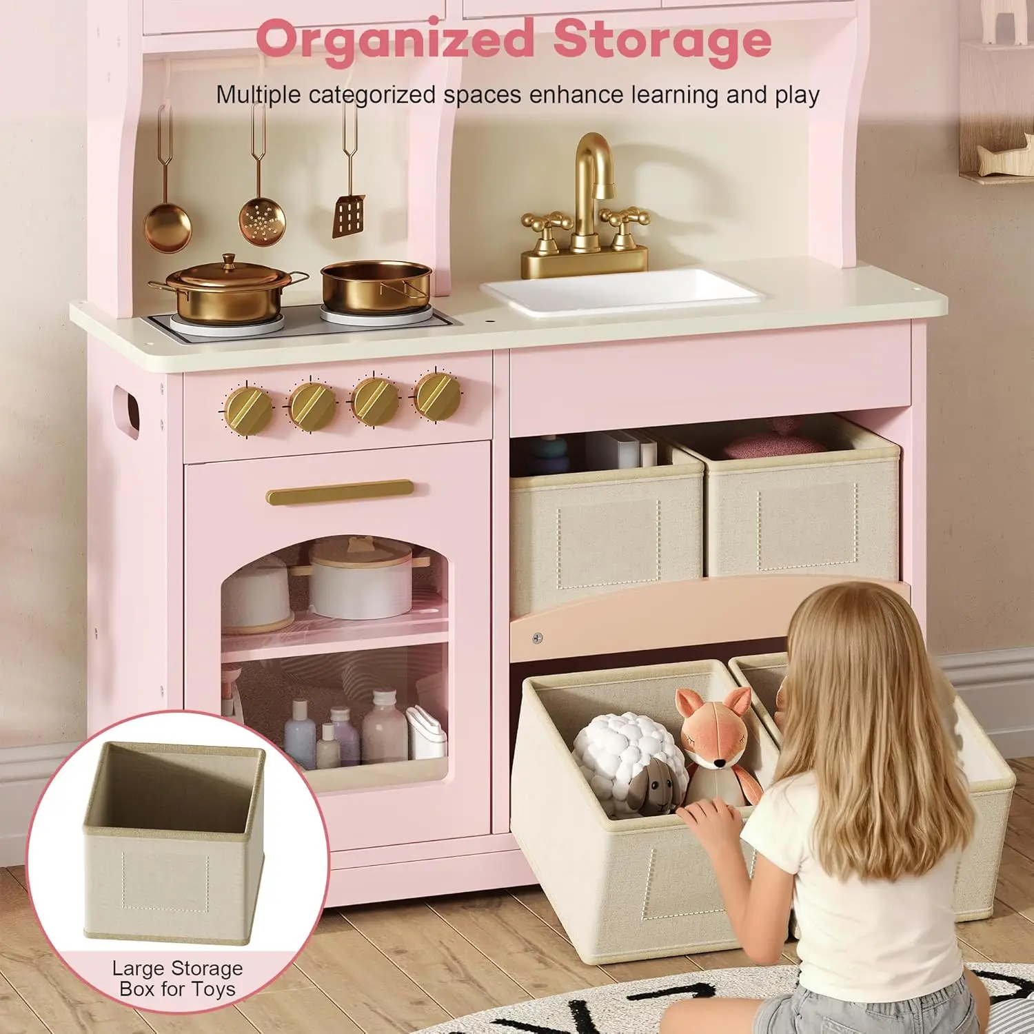 Pink Wooden Toddler Kitchen Playset – Pretend Stove & Oven with Smart Storage and Accessories, Ideal Gift for Ages 3+ image 8