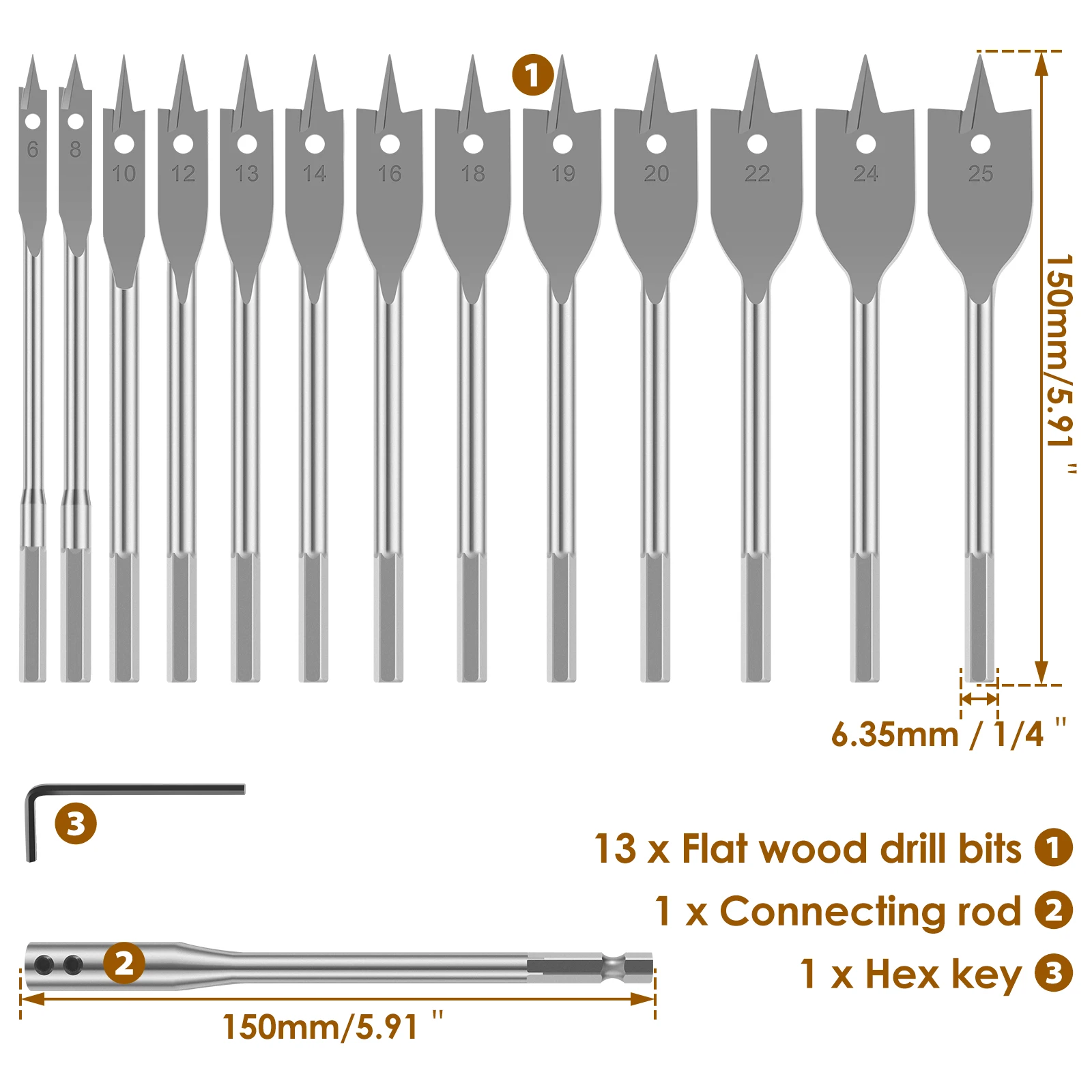 15PCS 6-25mm Durable Woodworking Tool Sets Flat Drill Long High-carbon Steel Wood Flat Drills Woodworking Spade Drill Bits