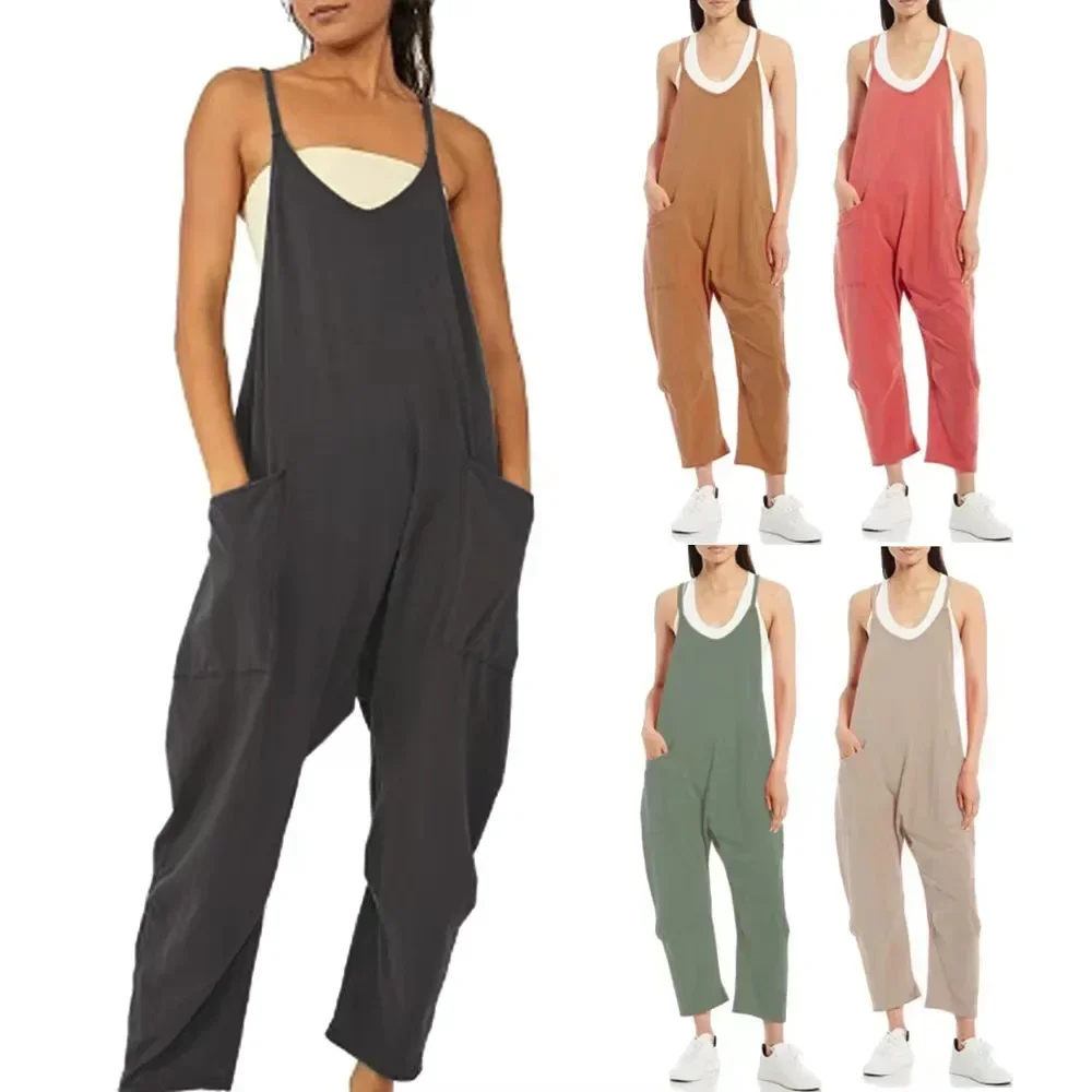 

Womens Romper New Fashion Plain Color Cotton Knit High Stretch Large Patch Pocket Suspender Jumpsuit for Women