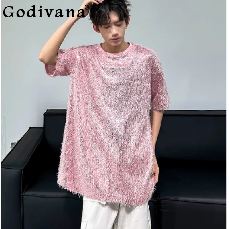

Summer Chic Fashion Tassel Sequins Men Women Short Sleeve T-shirt Is Loose Korean Handsome Round Neck Leisure Handsome Top