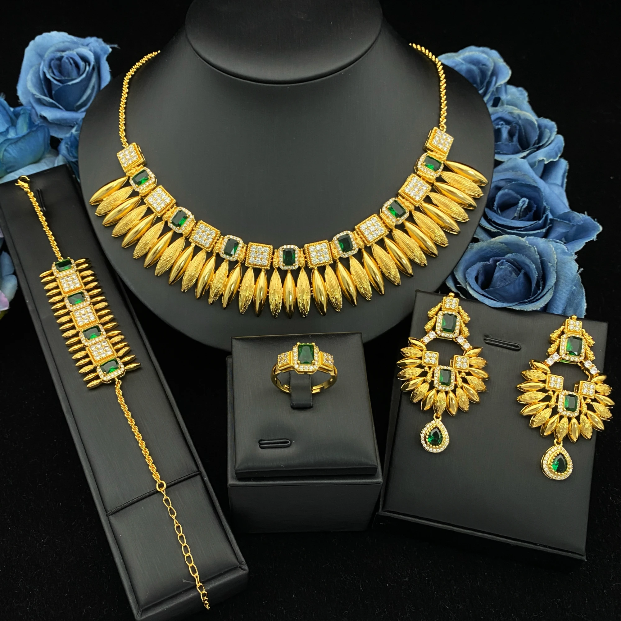 

JRH Evening Party Nigeria Jewelry Set Sparkling Imitation Diamond CZ Jewelry Gold Plated Brass Necklace Earrings Bracelet Ring