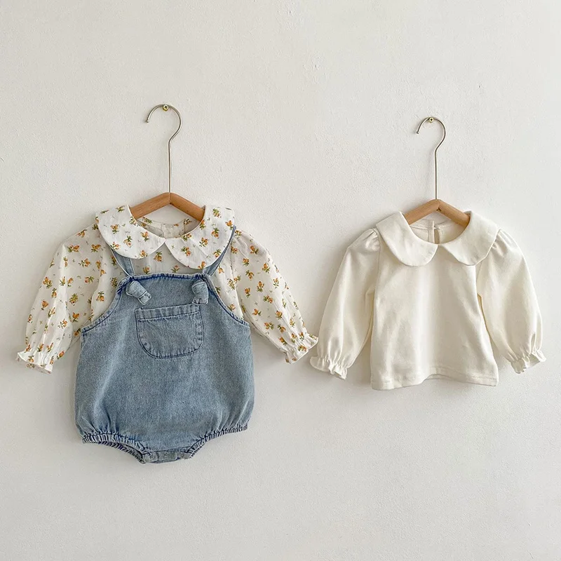 Infant Kids Baby Girls Long Sleeves Doll Collar Solid Color T-shirt Autumn Newborn Kids Baby Girls Flowers Clothes T-shirt