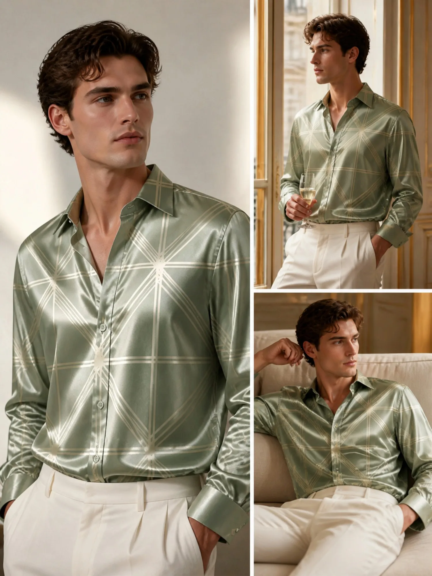 

Mens Satin Long Sleeve Button Down Printed Dress Shirt Polished Glossy Fabric Daily For Commute Office Business Work Everyday We
