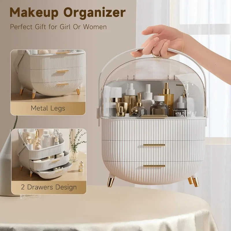 Makeup Storage Organizer with Lid, Waterproof Cosmetics Skincare Organizer for Vanity, Portable Makeup Storage Box for