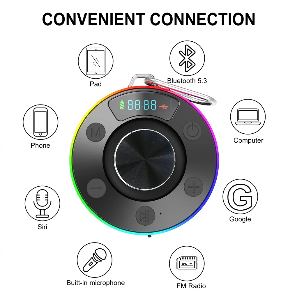 Shower Speaker Bluetooth-Compatible Waterproof Stereo Subwoofer FM Radio with Suction Cup for Bathroom Party Beach Pool Supplies