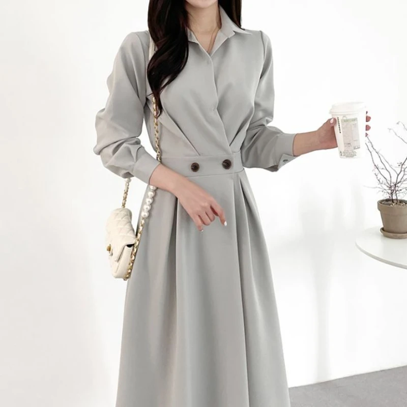 REALEFT Herfst Vintage Bladerdeeg Mouw vrouwen Shirts Jurken 2025 Nieuwe Turn-down Kraag Koreaanse Casual Losse A-lijn Jurk vrouwelijke