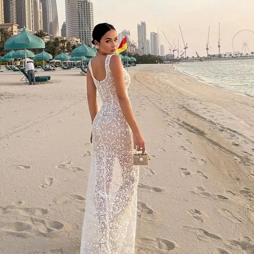 Ofherown-Vestidos de Noche sexis con abertura transparente para mujer, vestido de Noche ajustado con cuello cuadrado y espalda descubierta sin mangas, Vestidos de Noche personalizados