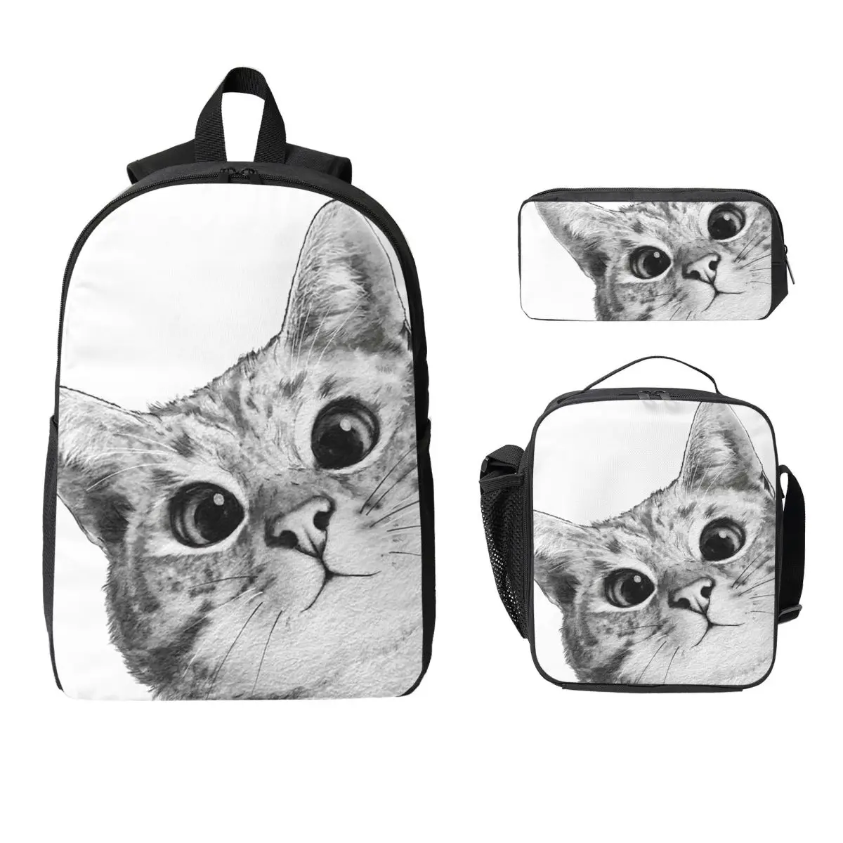 

Sneaky Cat Backpack Student BookBag School Bag Computer Shoulder Bags 3ps Insulated Lunch Bag Pencil Case