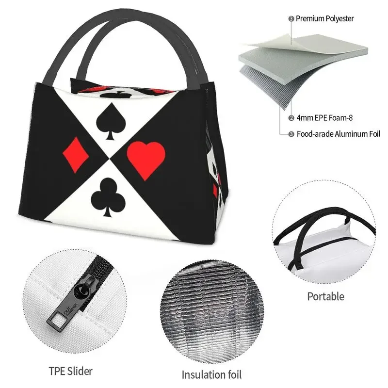 Poker Four Suits Insulated Lunch Tote Bag for Women Card Game Players Resuable Cooler Thermal Bento Box Work Travel