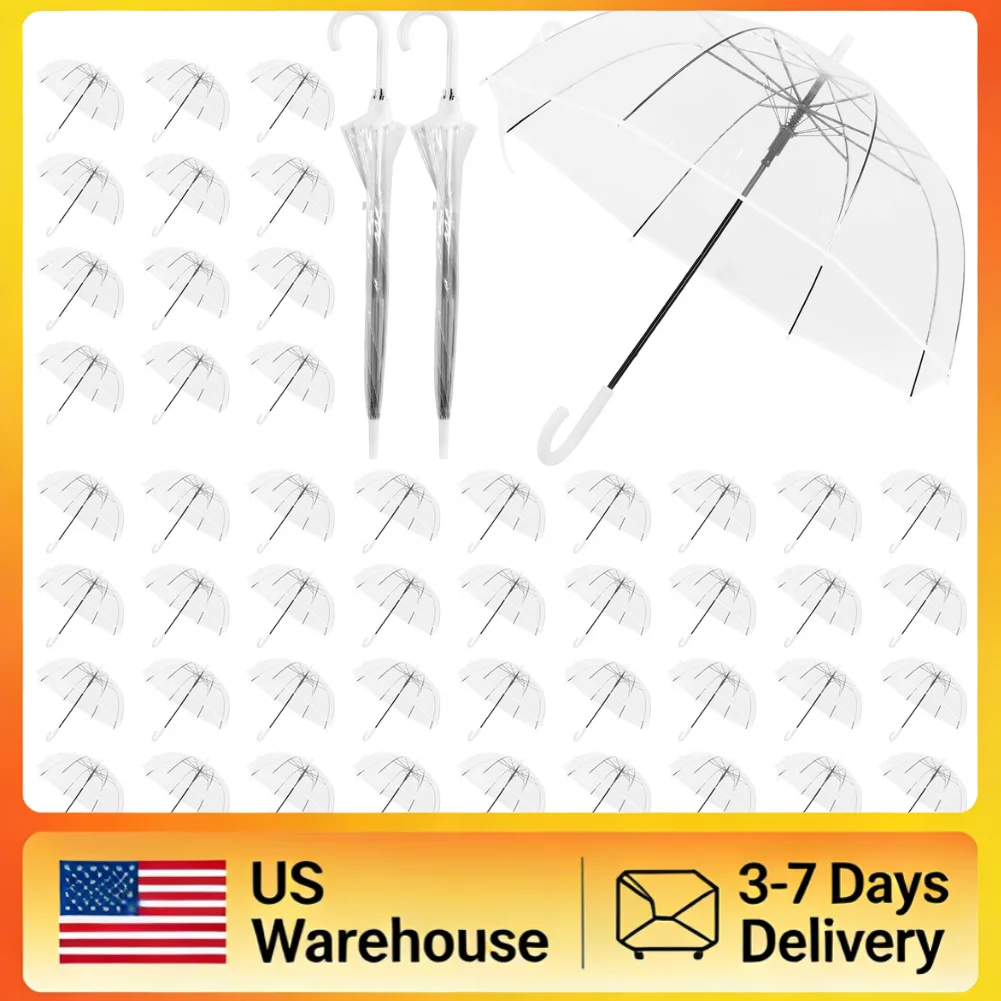 

60pcs Windproof Clear Wedding Umbrellas Bulk Classic Hook Handle Durable Fiberglass Ribs High Visibility Umbrella for Bridal