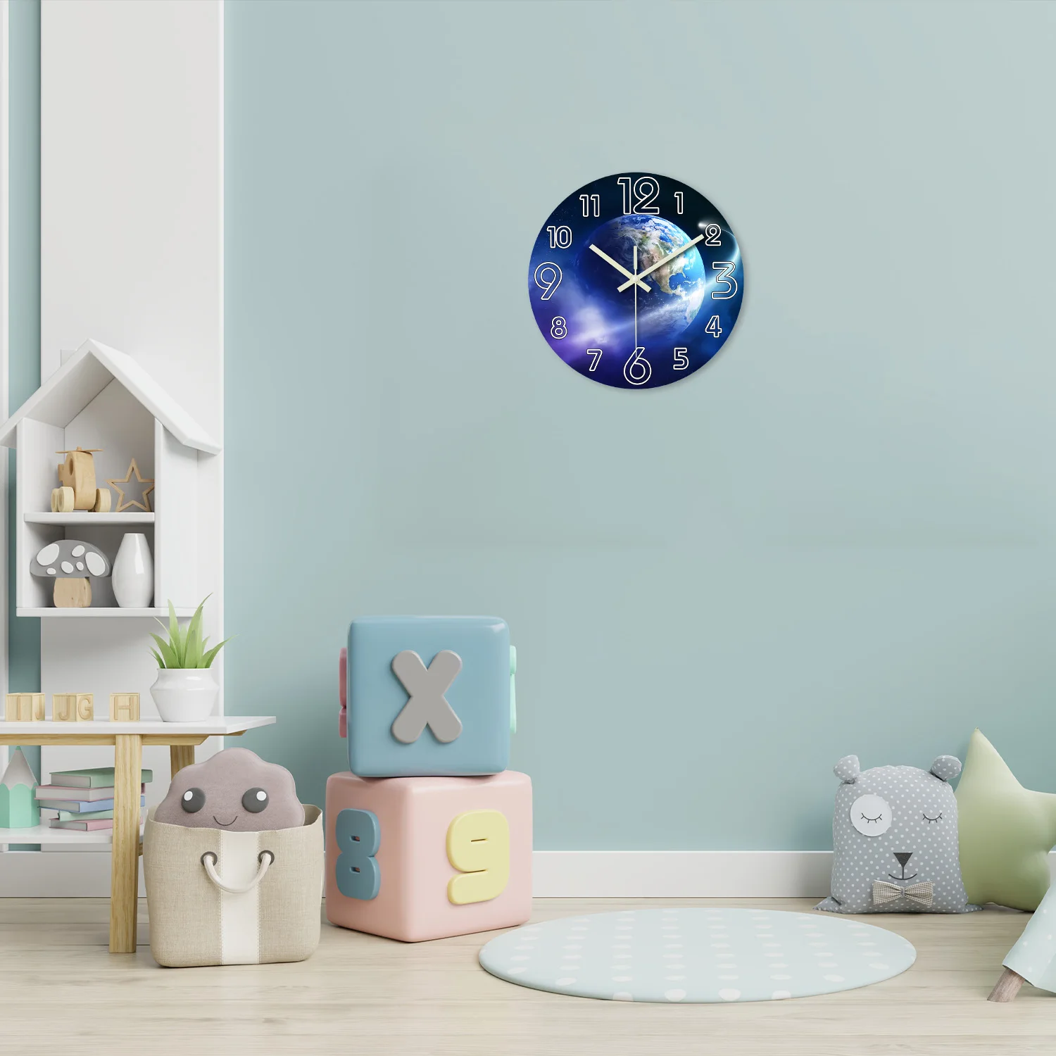 Creative Earth Luminous Wooden Wall Clock Living Room Bedroom Kitchen Home Decoration Wall Clock Silent Quartz Clock Holiday Gift 12 Inches 14