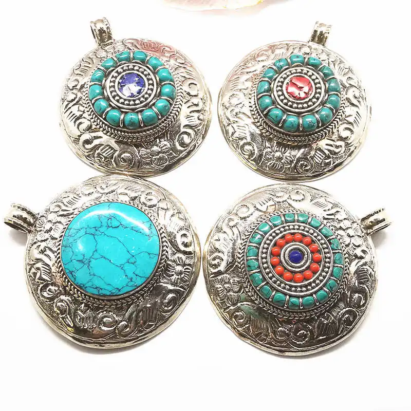 TBP215 Tibetan Jewelry Nepal Vintage Pendant Copper Inlay Colorful Stone Big Round Pendants