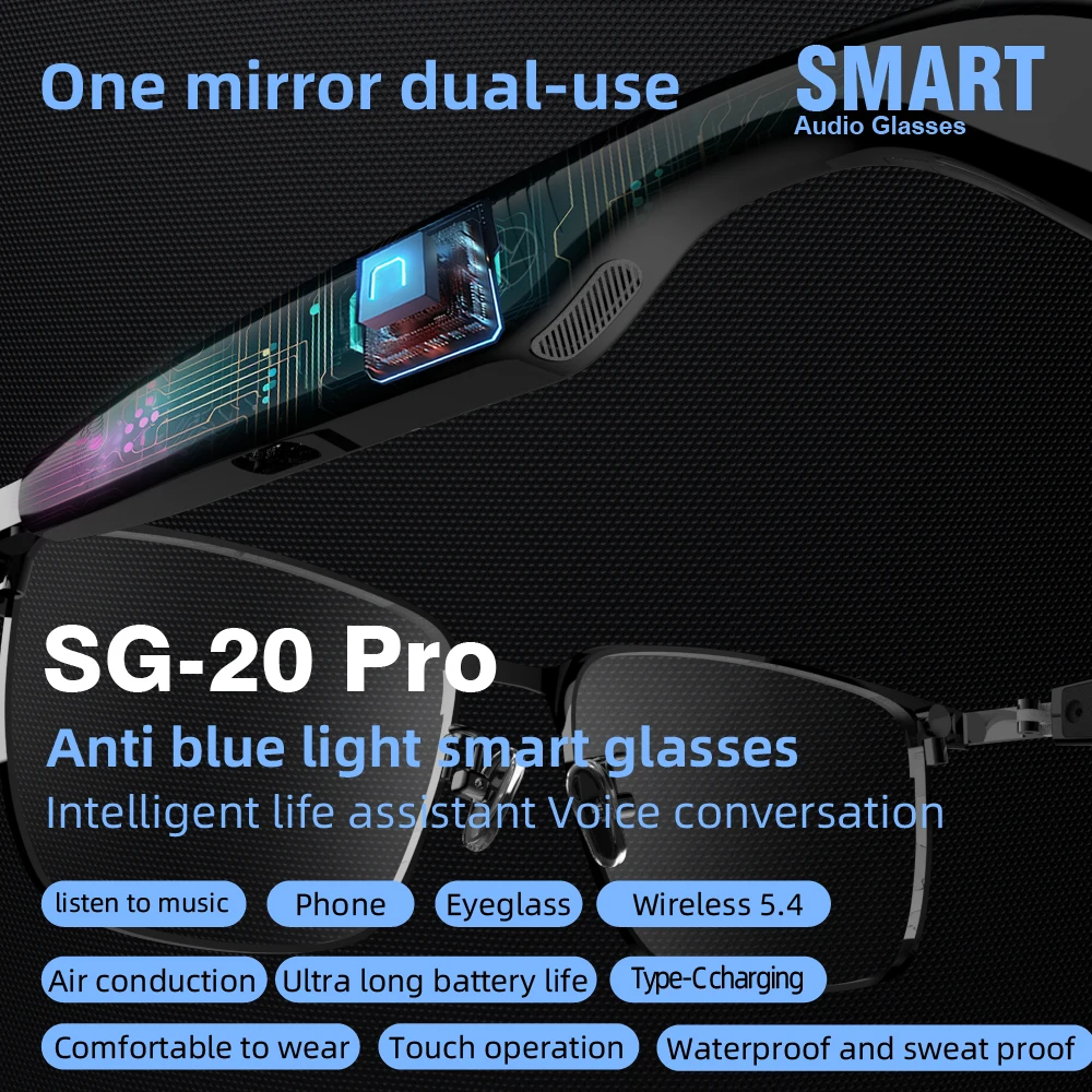 New SG-20 Pro Smart Glasses Wireless Call Music Playback Full Frame Sunglasses With Blue Light UV Protection Waterproof Glasses