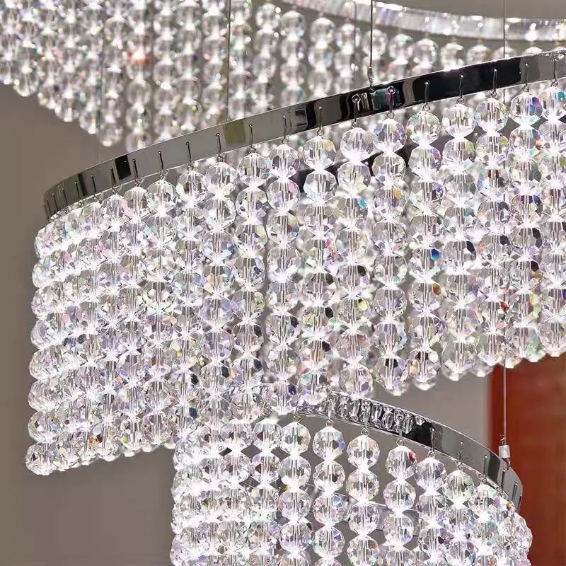 Modern Luxury Staircase Crystal LED Chandeliers Hotel Hall Lobby Large Ring Cristal Hanging Pendant Lighting Chrome Indoor Lamp