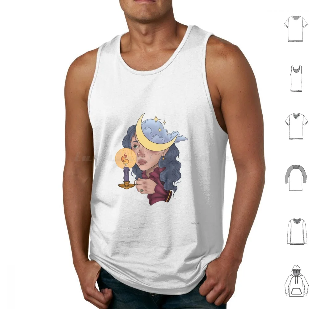 

Dream Seeker Tank Tops Print Cotton Candle Moon Dreamer Lady Face Clouds Dreams Candlestick Green Eyes Celestial