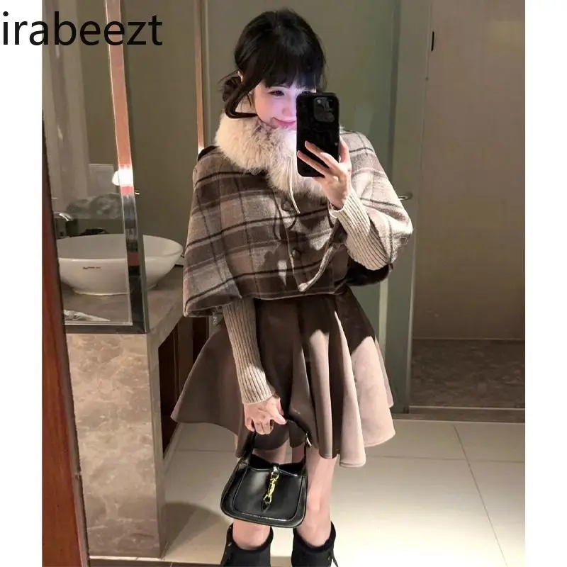 Ensembles De Jupes 2024 Early Spring New Fur Collar Cloak Coat Slim-fit Long Sleeve Sweater Strap Dress Three Pieces Set