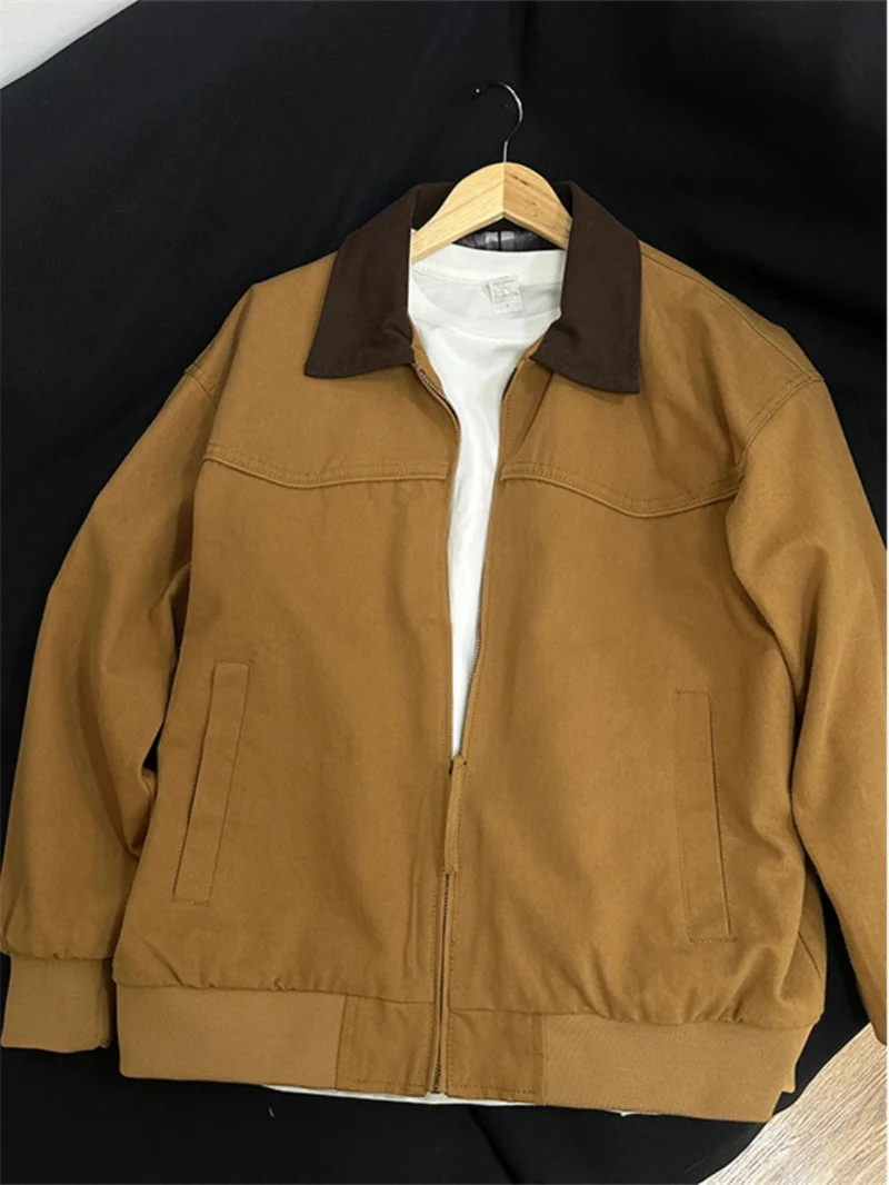

Khaki Detroit Workwear Jacket Men Spring Autumn American Retro Collar Student Vintage Coat Loose Fit Upgrade Version Patchwor...