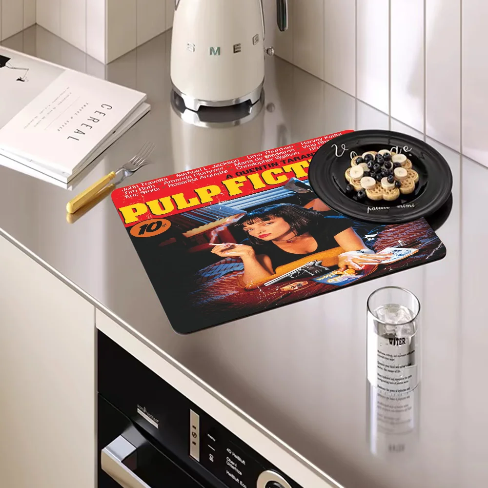 Classic Movie Pulp Fiction Kitchen Drainage Mat Retro Style Dish Drying Pads Absorbent Placemats Drainer Tableware Mats