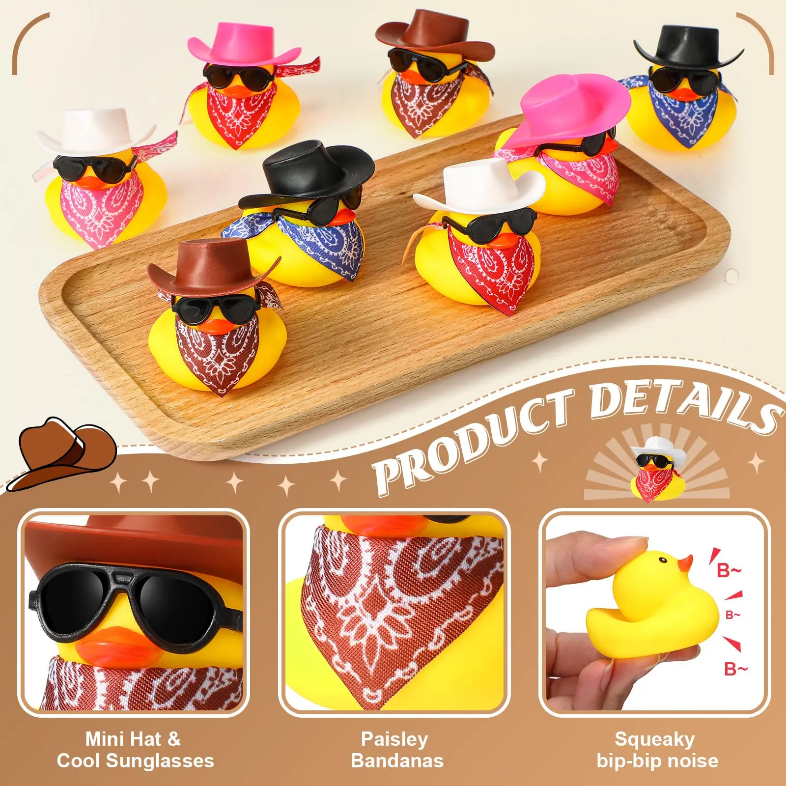 Mini canard en caoutchouc de cowboy avec chapeau de cow-boy, canard jaune, jouet de fête de bain, petit jouet de baignoire, bandanas paisley, lunettes de soleil, ensemble de 36