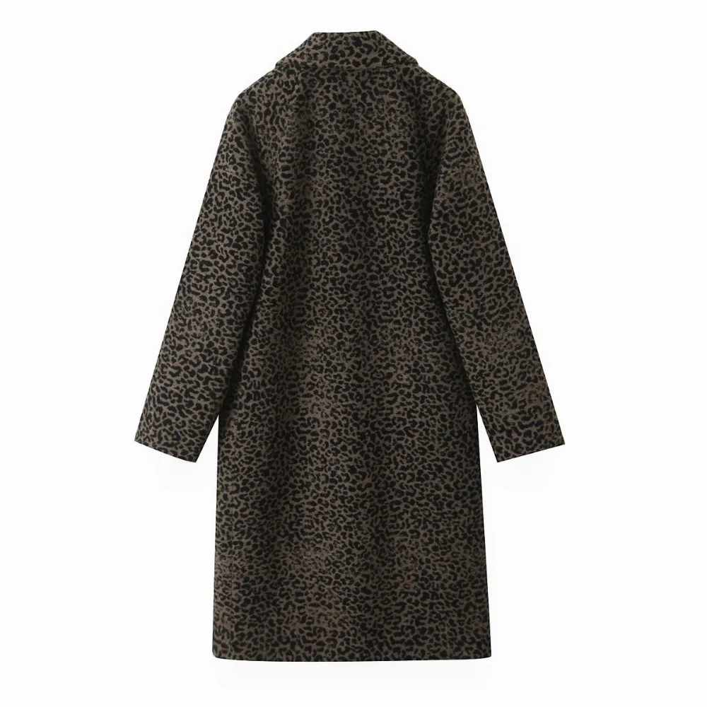 TRAF ZR High Street Long Loose Mantel Leopard Print Women Winter Blend Coats Long Sleeve Vintage Women Trench Coat Front Buttons