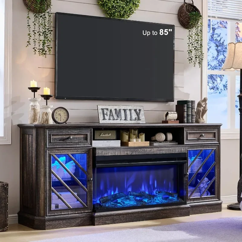 75 Inch 3-Sided Electric Fireplace TV Stand for TVs up to 85'',Modern Highboy Entertainment Center with 36