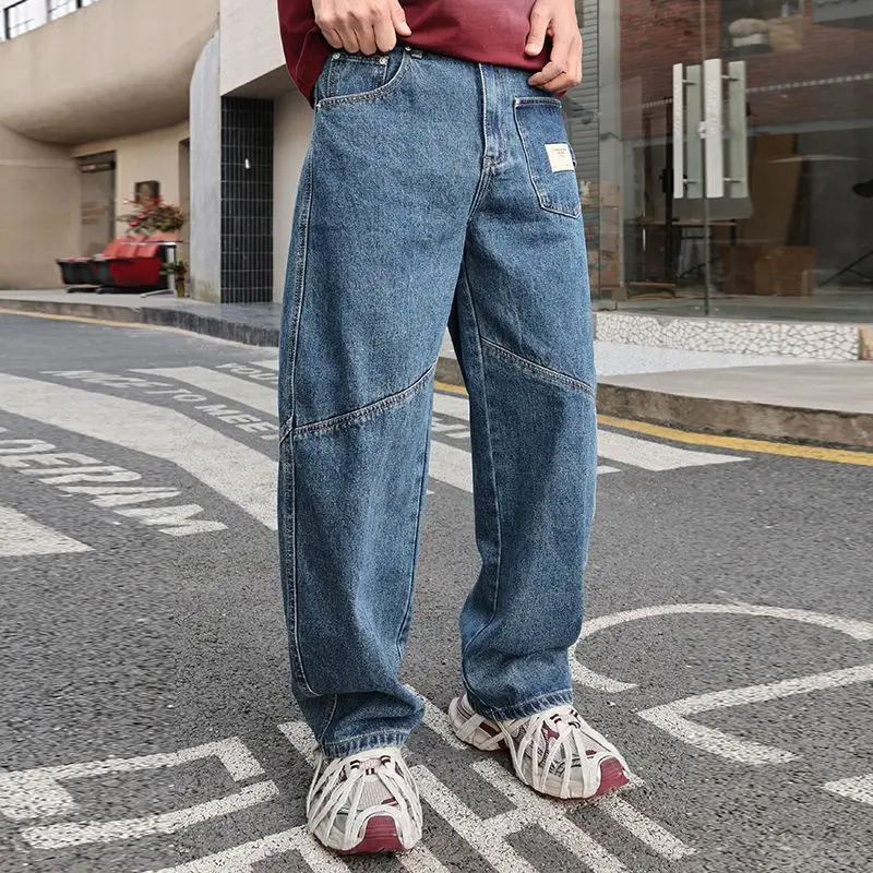 New Fashion Jeans Men Straight Leg Spliced Denim Pants Spring Male's Vintage Blue Pants