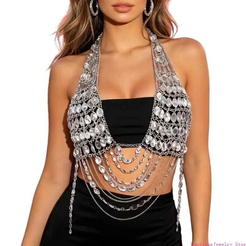 E1PE Music Festival Party Body Chain Heavy Rhinestones Fringe Fastener Women
