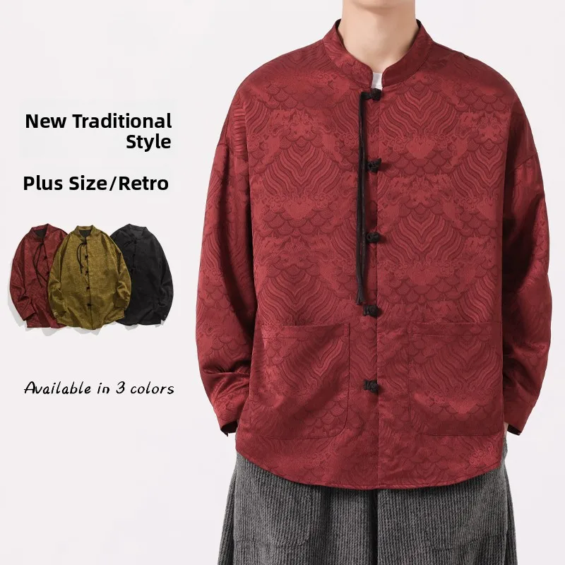 

New Chinese Sle Men's irt with Button Embroidery Couple Spring Autumn Jaet Retro irt Improved Tang Costume Hanfu