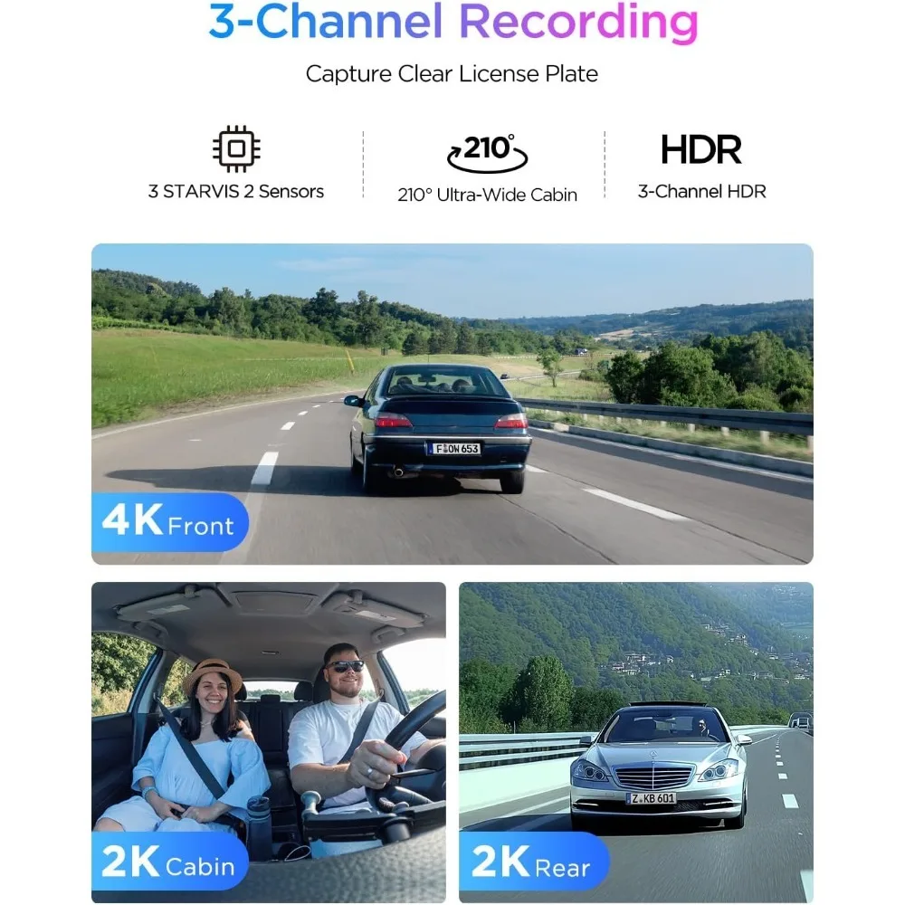

4K 3 Channel Dash Cam Front and Cabin Fisheye 210 Degree Rear Camera Power Saving Parking Mode WiFi 6 App Control Support 4TB