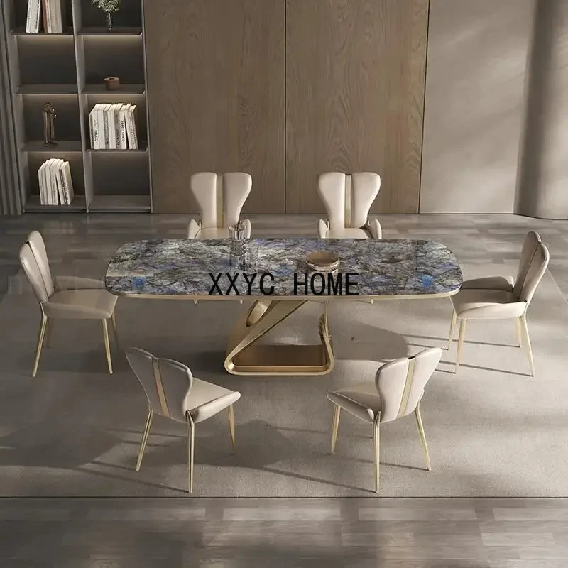 Luxury Marble Kitchen Tables Six Chair In Blue Design SquareTable Frame Panel Countertop White Dining Room Sets Home Furniture