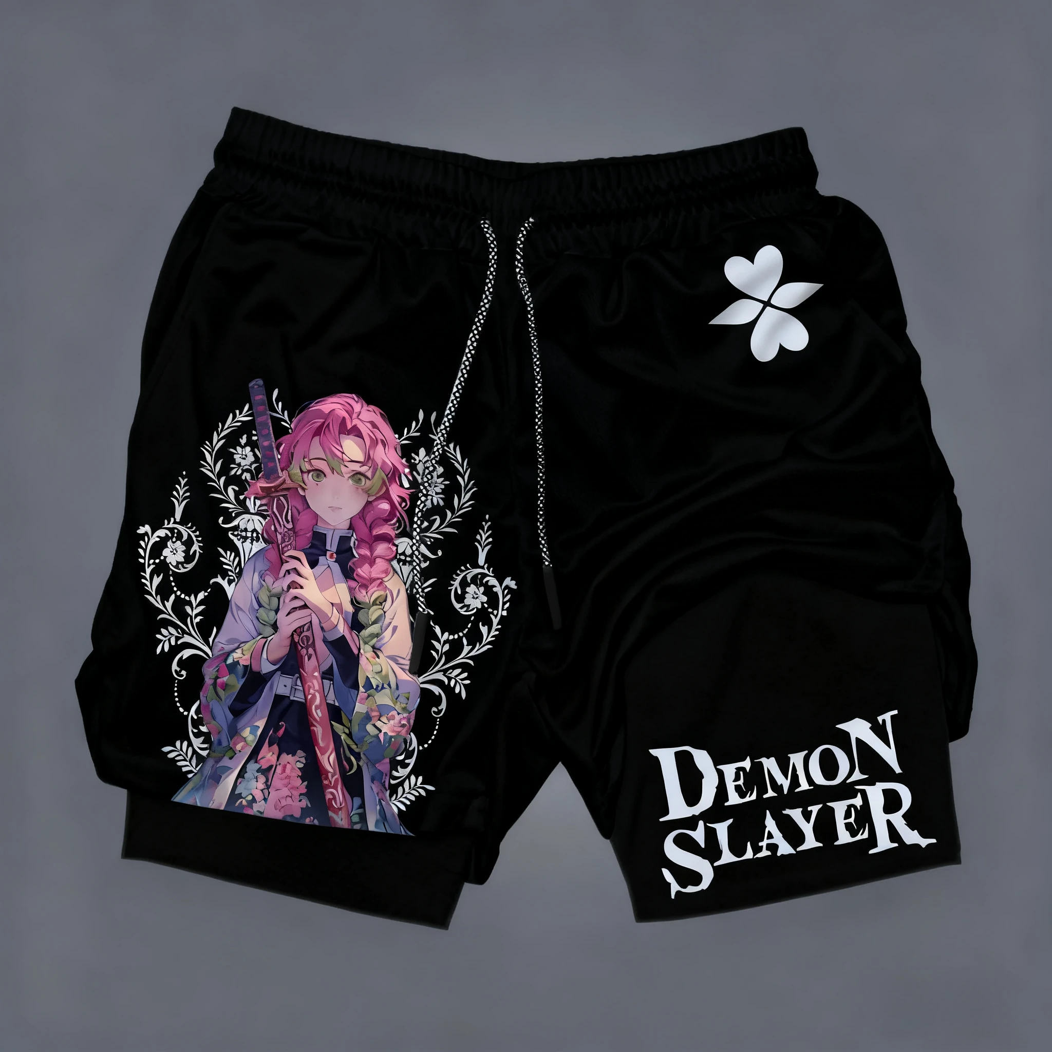 Shorts de camada dupla com estampa de anime Demon Slayer, shorts soltos e elegantes para homens e mulheres de fitness de verão americano