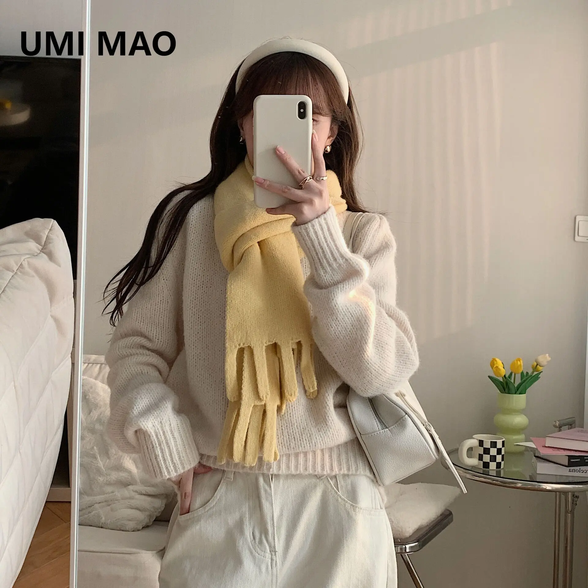 

UMI MAO Korean Version Ins Light Tea Series Knitting Tassel Scarf Women Autumn Winter Students Long Warm Scarf