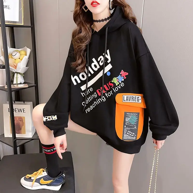 Street Casual New Lacing Thin Hoodies Spring Autumn Long Sleeve Print Letter Loose Pullovers Top Fashion Vintage Women Clothing