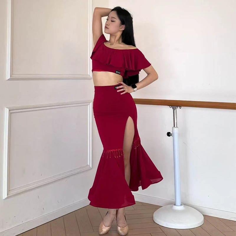 Roupas de dança latina mulheres dança de salão prática desempenho curto topos fenda saia longa vermelho preto tango wear 2 pçs terno dnv26037