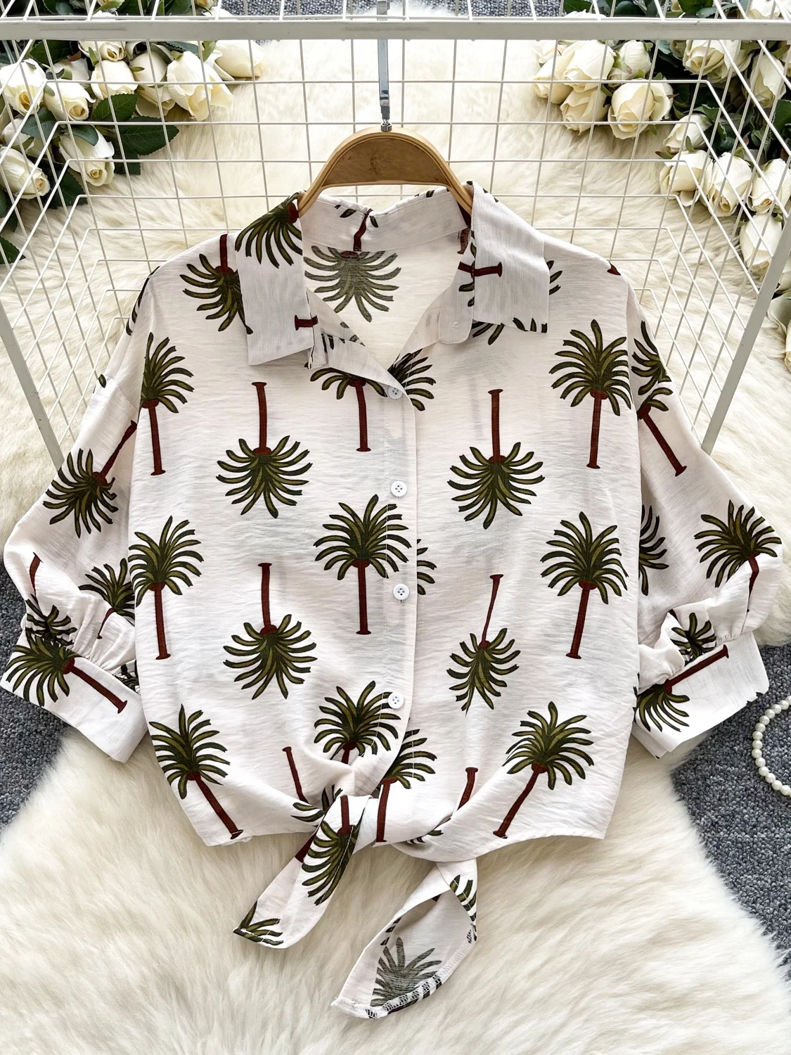 

Casual Floral Print Turn-down Collar ort Sve Women's irt Summer Trendy Loose Knot Small Stature Ele Top