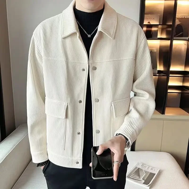 2024 New Spring and Autumn Fashion Simple Oversized Polo Pocket Long Sleeve Solid Color Premium Corduroy Men\'s Jacket Coat